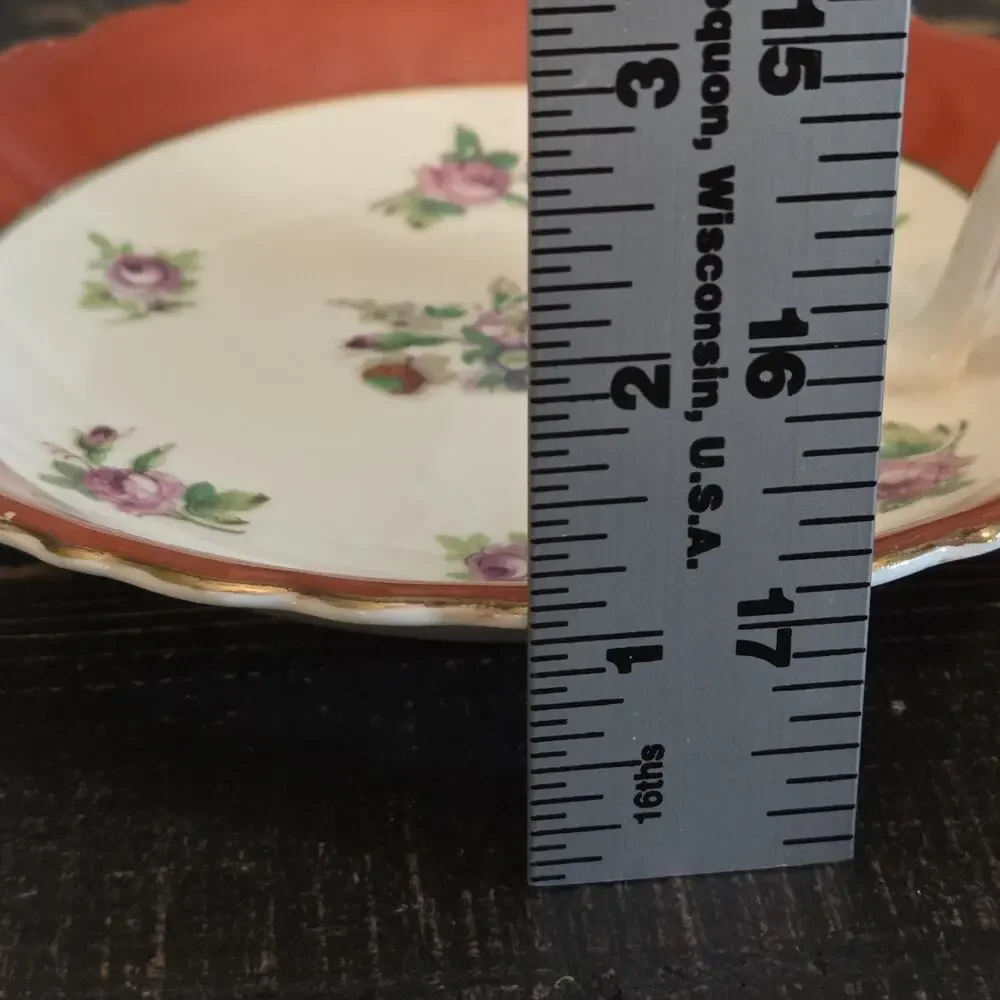 TAKITO Japan Lemon Wedge Server Red Rim Pink Roses, Gold Trim 6 1/8